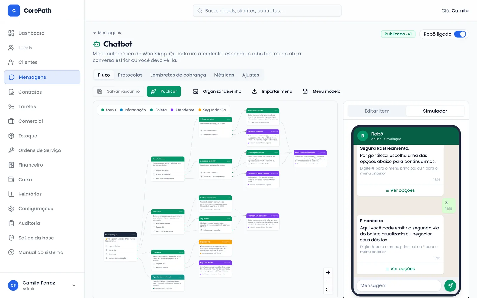 Editor visual do fluxo do chatbot com simulador de conversa de segunda via