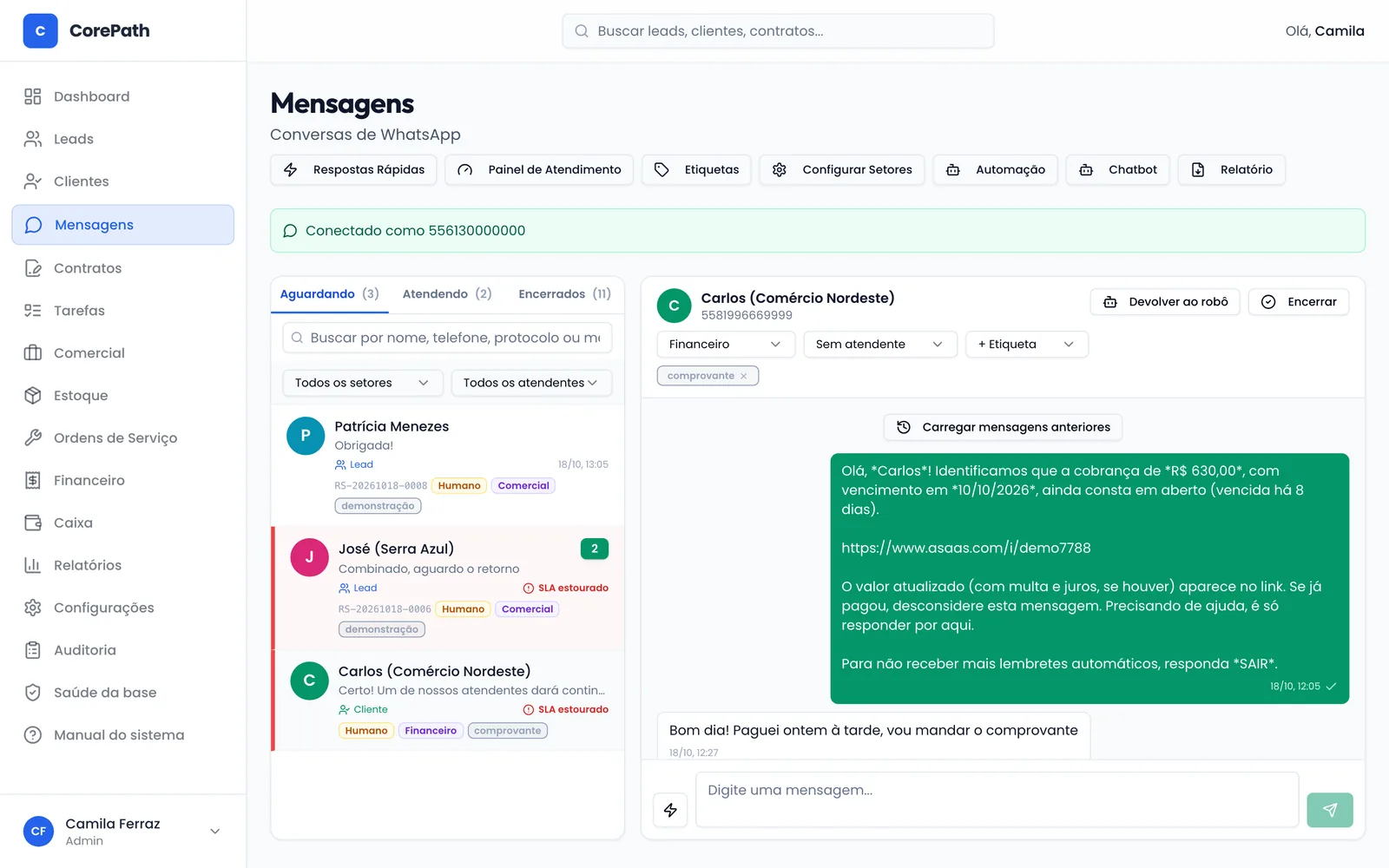 Caixa de entrada de WhatsApp do CorePath com conversas por setor, SLA e etiquetas